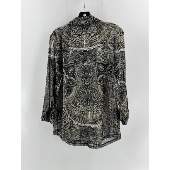 INC Black Paisley Long Sleeve Rhinestone Buttons Sheer Collared Top Shirt XL - Picture 7 of 14